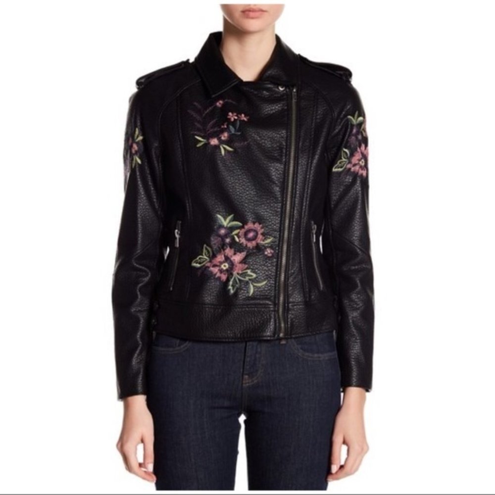 BB Dakota Baxley Faux Leather Floral Embroidered Biker Jacket Size S - Picture 3 of 9